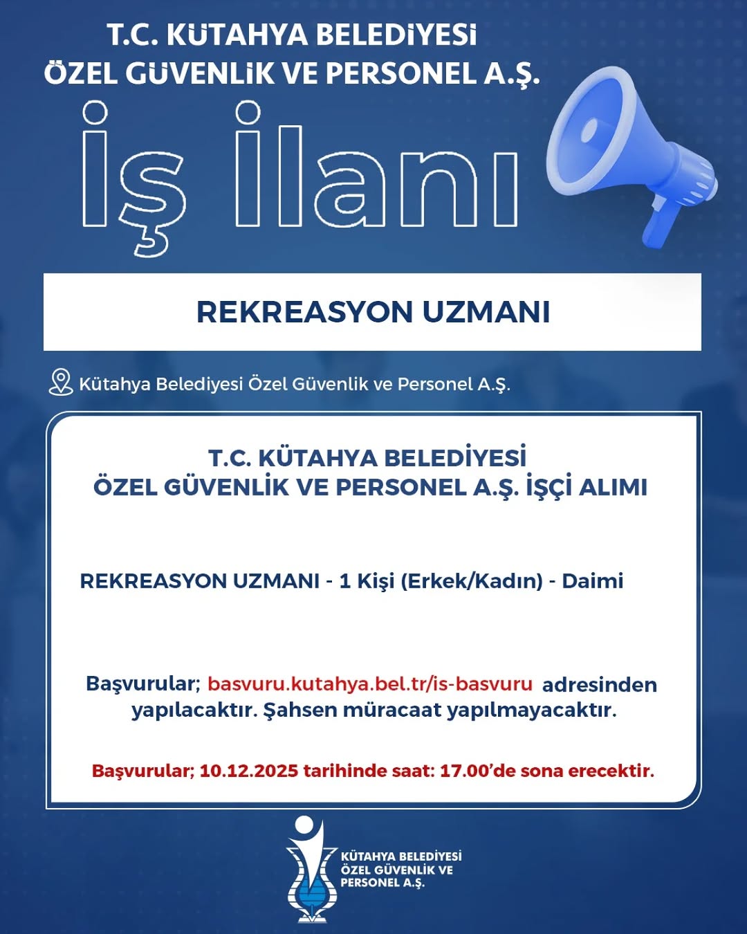 Kütahya Belediyesi Özel Güvenlik ve Personel A.Ş.'ye Personel Alımı