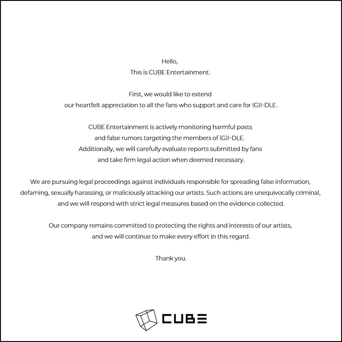 CUBE Entertainment, G I DLE Üyelerine Yönelik Zararlı Paylaşımlar İçin Yasal Süreç Başlattı