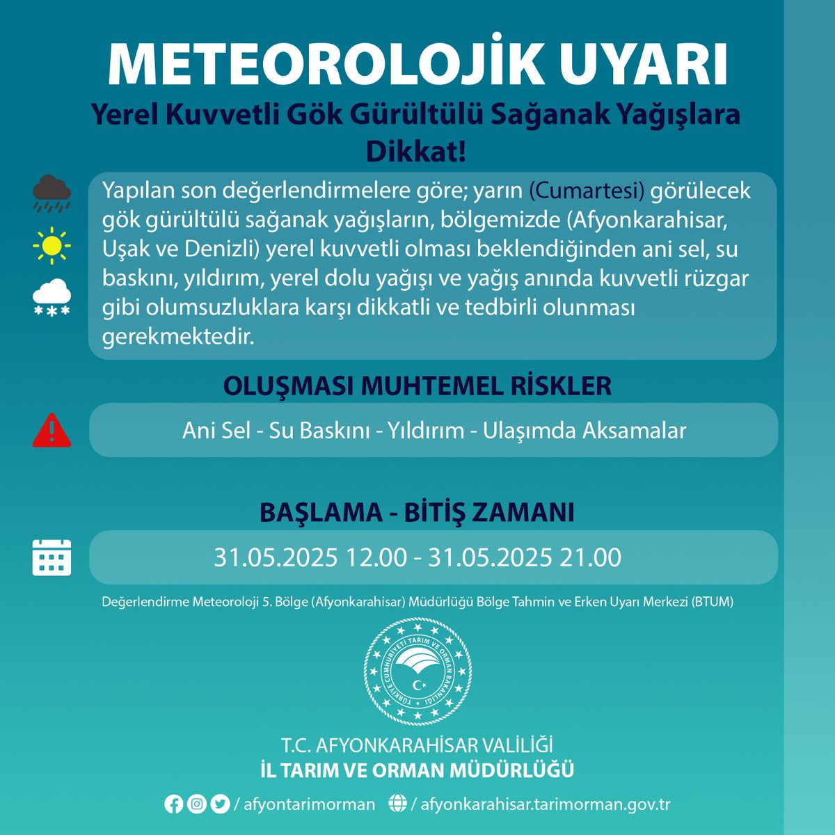 Afyonkarahisar'da Yerel Kuvvetli Gök Gürültülü Sağanak Yağış Uyarısı