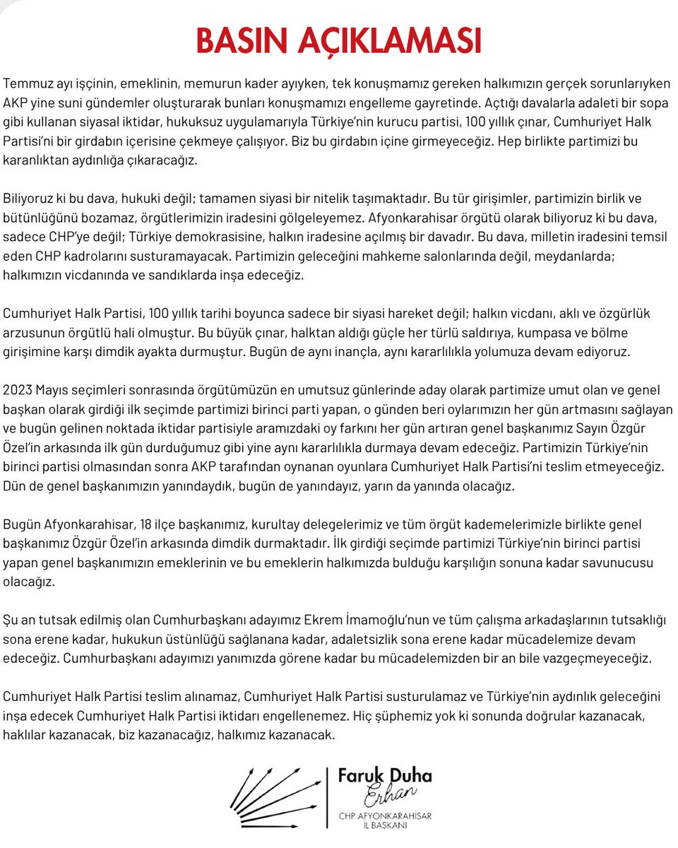 CHP Afyonkarahisar İl Başkanı Faruk Duha Erhan'dan Basın Açıklaması