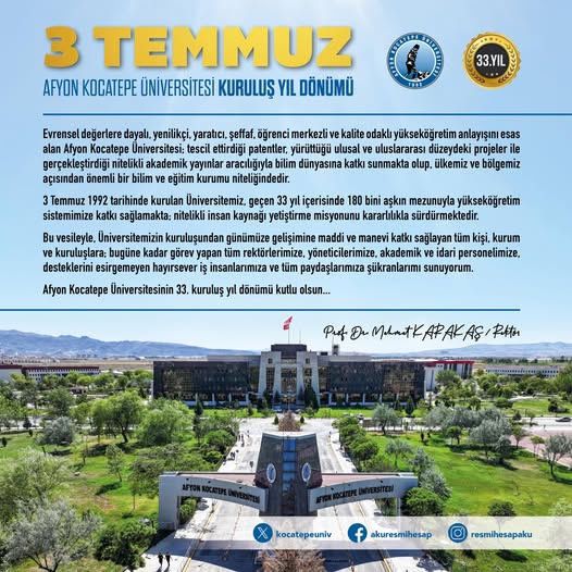 Afyon Kocatepe Üniversitesi 33. Yılını Kutluyor