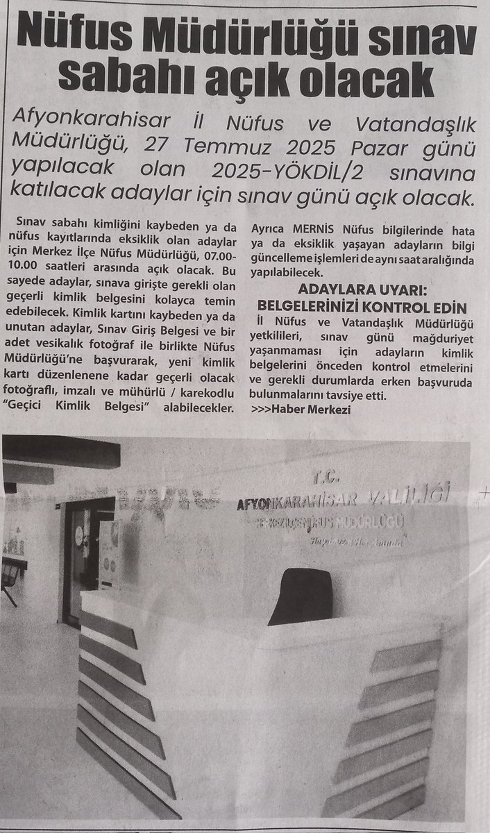 Afyonkarahisar İl Nüfus ve Vatandaşlık Müdürlüğü Hizmetleri