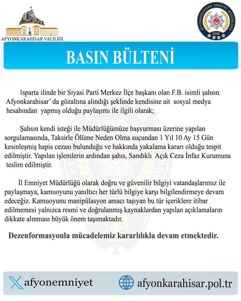Isparta Merkez İlçe Başkanı Afyonkarahisar'da Gözaltına Alındı
