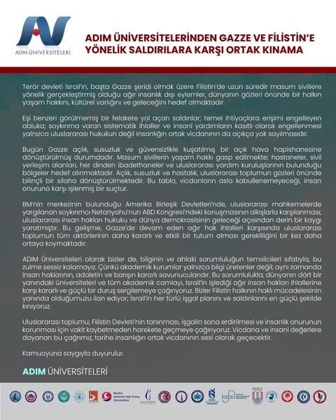 Türk Üniversitelerinden Gazze'ye Destek: Ortak Kınama Mesajı