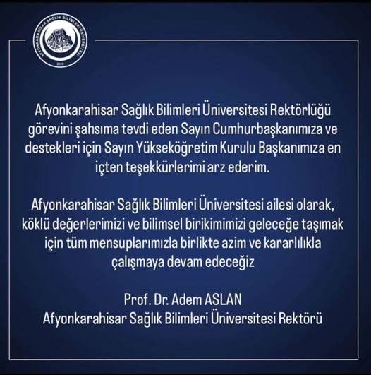 AFSÜ Afyonkarahisar Sağlık Bilimleri Üniversitesi'ne Teşekkür Mesajı