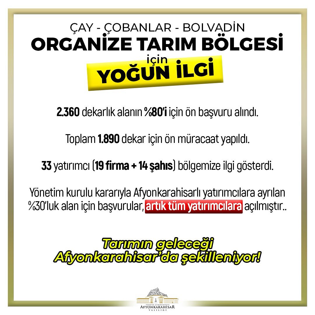 Afyonkarahisar Organize Tarım Bölgesi Yatırım Başvuruları Uzatıldı